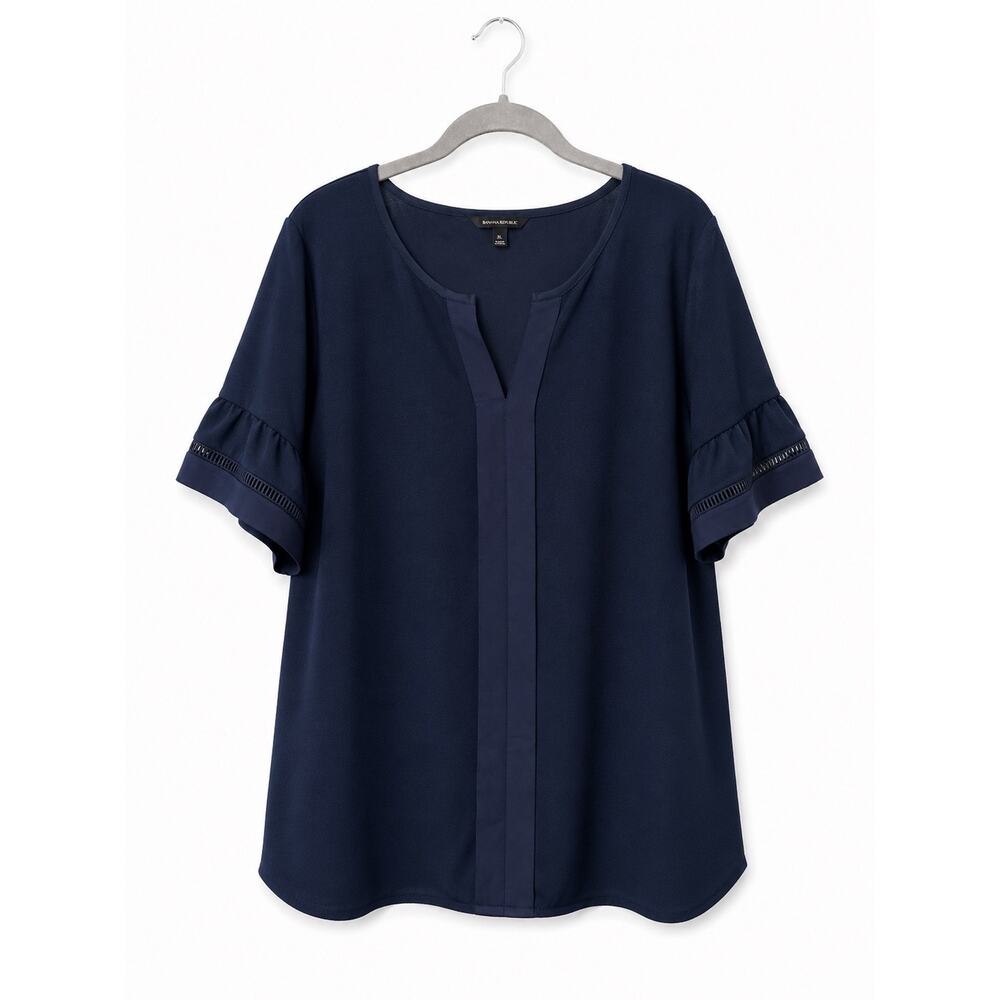 Banana Republic XL Navy Blue Blouse Split Neck Ruffle Sleeve Office Career Top - Picture 2 of 12